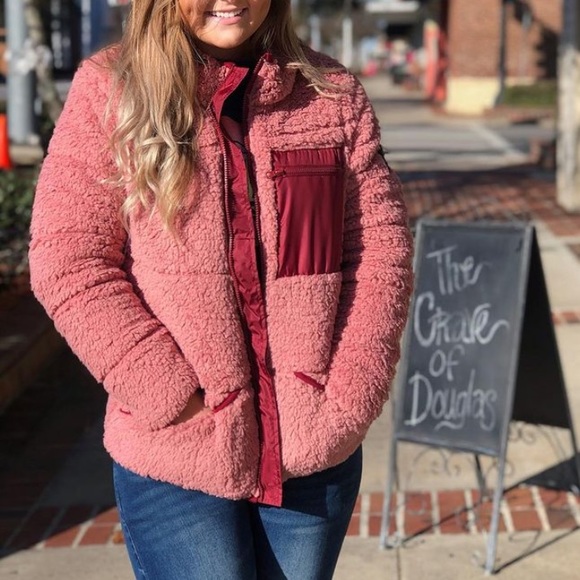 Simply Southern Pink Sherpa Puffer Full Zip Puffer Jacket NWT - Picture 4 of 5